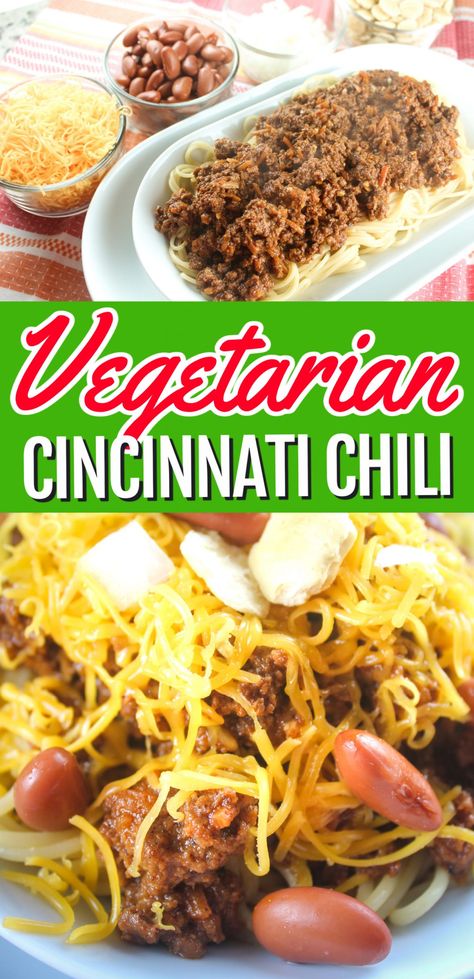 Vegan Skyline Chili, Vegan Cincinnati Chili, Vegetarian Cincinnati Chili, Vegetarian Skyline Chili Recipe, Chili Spaghetti Recipe, Skyline Chili Recipe, Vegetarian Recipes No Cheese, Unique Chili, Pescatarian Food