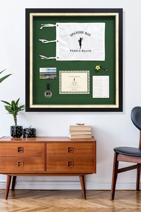 Framed Golf Flag Display, Golf Shadow Box Ideas, Golf Memorabilia Display, Golf Gallery Wall, Shadow Frame Ideas, Golf Flag Display Ideas, Golf Flag Display, Flag Display Ideas, Framing Inspiration