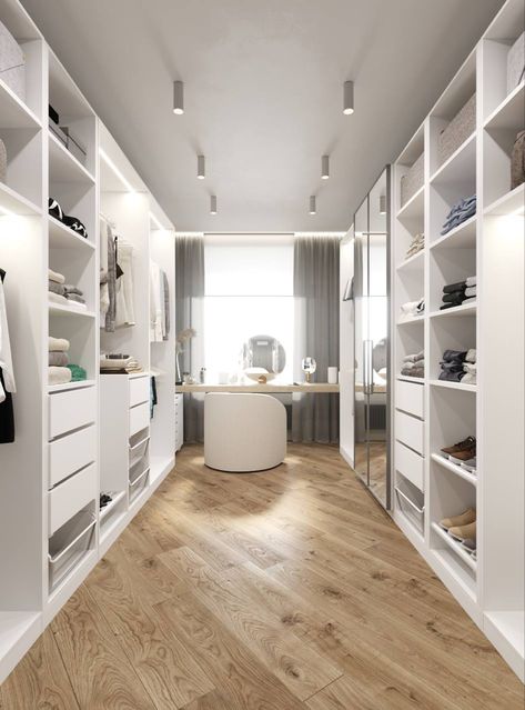 Dressing Room Design With Window, Walk In Wardrobe Ideas With Window, Closet Window Ideas, Walk In Closet With Makeup Vanity, Modern Wall Closet, Walk In Closet With Bathroom, Walk In Closet With Window, Modern Walk In Wardrobe, Small Walkin Closet Ideas