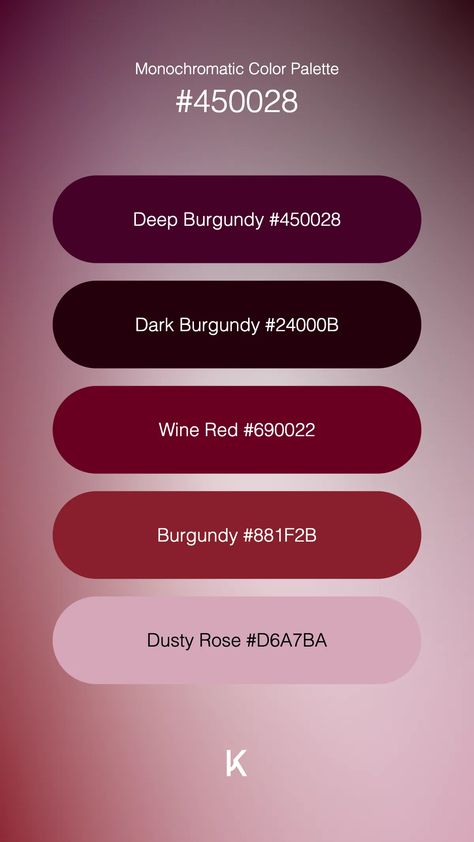 Monochromatic Color Palette Deep Burgundy #450028 · Dark Burgundy #24000B · Wine Red #690022 · Burgundy #881F2B · Dusty Rose #D6A7BA Mixed Berry Color Palette, Red Wine Colour Palette, Burgundy Color Pallet, Colour Palette Burgundy, Deep Red Colour Palette, Blackberry Color Palette, Burgundy Color Palette Colour Schemes, Red Pantone Colour Palettes, Mulberry Color Palette