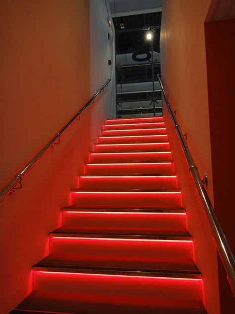 Led Staircase, Led Stairs, Led Lights Basement, Led Lights Stairs, Led Strip Stairs, Led Strip Lighting Stairs, Stairs With Led Lights, Orange Strip Lights, Red Lights Led