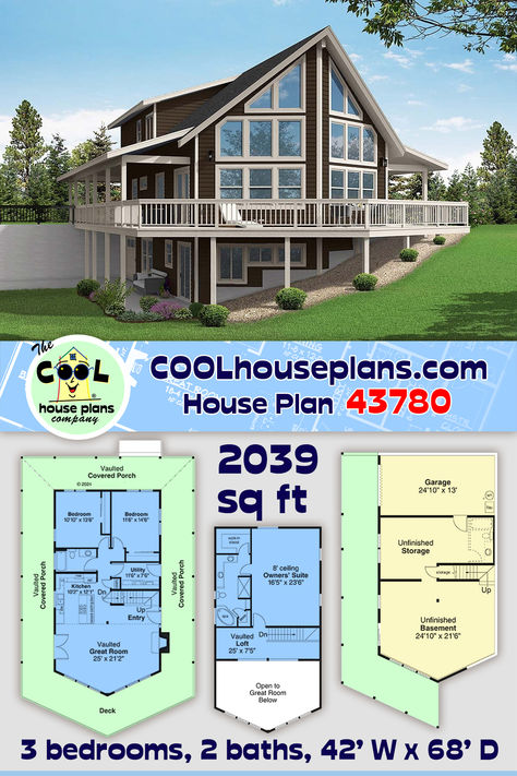 Hillside or Sloping Lot Style House Plan #43780 Offers 2,039 Square Feet, 3 Bedrooms, 2 Bathrooms, 1 Car Garage, and a Prow Window wall that provides a beautiful view from inside. Outside a Wrap Around covered porch and large sun deck let you enjoy the view outdoors. Hillside Homes Plans, Hillside Homes, Cottage Craftsman, Sloping Lot House Plan, Owners Suite, 1 Car Garage, Wraparound Porch, Hillside House, Cabin Cottage