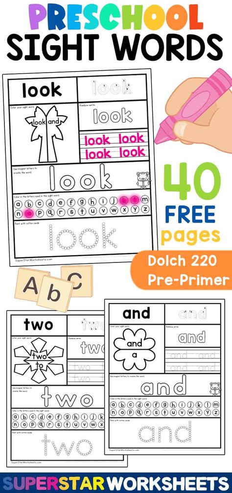 Preschool Sight Word Printables containing Pre-Primer Dolch Sight Words. These adorable printables give your students an engaging way to practice reading and writing sight words! Included are 40 FREE pages of tracing, coloring, stamping, building activities, and MORE! #prek #readingresources #preschoolsightwords #preprimerdolchwords #dolchsightwords #preschool #readingworksheets #sightwordworksheets #printables Sight Word Is Worksheet, Pre K Sight Words Printables, Sight Word Books Free Printable, Pre K Sight Words List, Free Tracing Printables Preschool, Etsy Worksheets, Sight Word Printables Free, Sight Words For Preschool, Preschool Free Printables