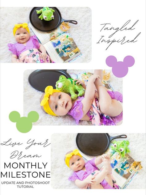 Disney baby milestone Tangled Rapunzel photoshoot tutorial + update Disney Milestone Pictures, Disney Baby Monthly Photos, Disney Baby Photoshoot, Disney Monthly Milestone, Disney Monthly Baby Pictures, Princess Milestone Pictures, Disney Princess Monthly Baby Pictures, Newborn Disney Princess Photoshoot, Rapunzel Newborn Pictures