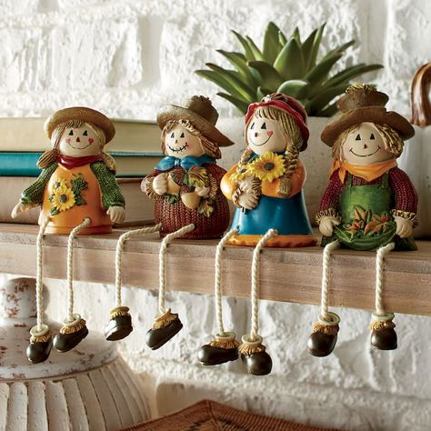 Set of 4 Scarecrow Shelf Sitters | Montgomery Ward Gourd Ideas, Happy Harvest, Country Door, Shelf Sitters, Fall Deco, Clay Pot Crafts, Fall Decoration, Montgomery Ward, Decor Figurines