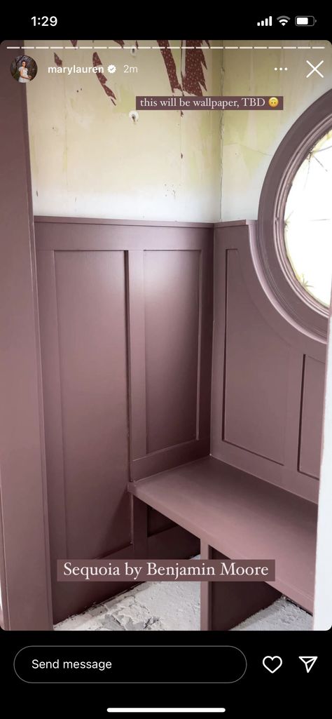 Purple Wainscoting Bedroom, Plum Bathroom Vanity, Aubergine Cabinets, Purple Mudroom, Moody Plum Bathroom, Laundry Room Purple, Mauve Bathroom Vanity, Dusty Purple Bathroom, Moody Mauve Bathroom