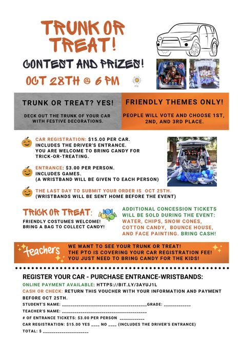 Community Trunk Or Treat, Trunk Or Treat Festival Ideas, Trunk Or Treat Registration Form, Trunk Or Treat School Event, Student Council Halloween Ideas, How To Plan A Trunk Or Treat, Trunk Or Treat Planning, Trunk Or Treat Event Ideas, Pto Trunk Or Treat Ideas