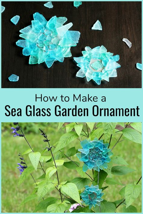 Learn how to make a beautiful sea glass garden ornament with inexpensive materials to display in pots or give as a gift. Sea Glass Projects Diy Ideas, Sea Glass Succulent Diy, Wind Chimes Craft, Sea Glass Art Projects, Garden Crafts Diy, Shattered Glass, Glass Garden Art, Glass Art Projects, Crafts For Seniors