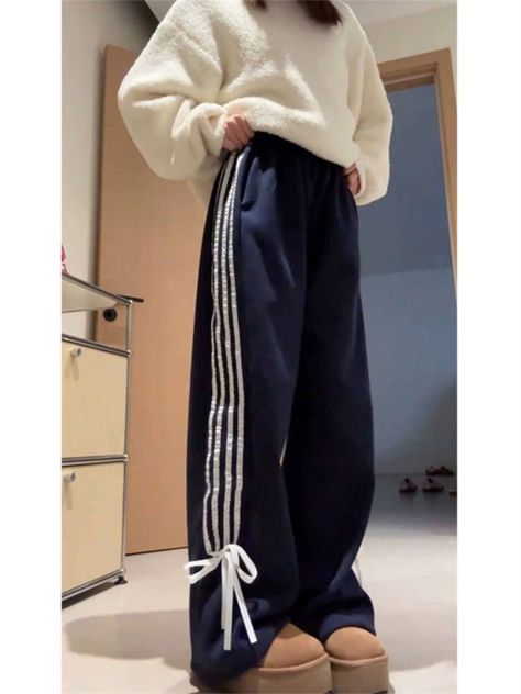 QWEEK Y2K Fleece Sweatpants Women Korean Fashion Ribbon Bow Brushed Pants Oversized Winter Harajuku Sweatpants Aesthetic, Korean Style Winter, Cargo Dress Pants, Pants Korean Style, Girls Birthday Party Dress, Sweatpants Women, Women Korean Fashion, Striped Pant, Bow Women