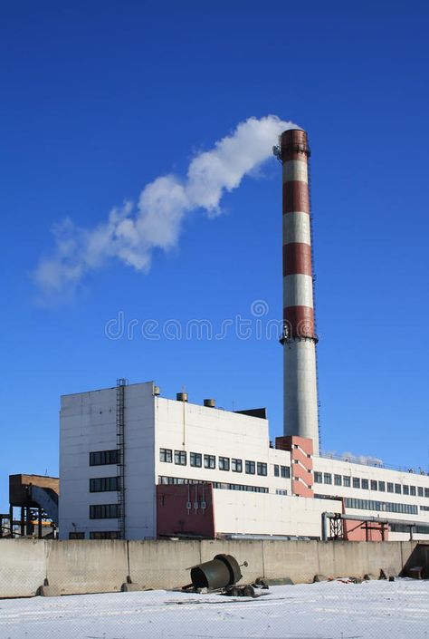 Factory building. With a smoking chimney #Sponsored , #Sponsored, #AFFILIATE, #Factory, #smoking, #chimney, #building Plant Architecture, Factory Building, Cn Tower, Design Resources, Stock Images, Stock Photos, Architecture, Building, Plants