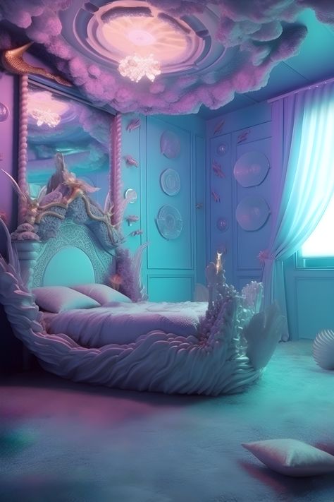 a mermaidcore aesthetic bedroom. a fantasy themed room with a shell inspired bed and silk iridescent bedding and pillows. cloud ceiling. a big mirror behind the bed. a window shining a little light into the room, sheer curtains that are open. walls have shell decor and other ocean oddities. Mermaid Core Aesthetic, Mermaid Themed Bedroom, Colored Bedding, Underwater Bedroom, Mermaid Room Decor, Bathroom Boho, Ocean Bedroom, Budget Friendly Home Decor, Ocean Themed Bedroom