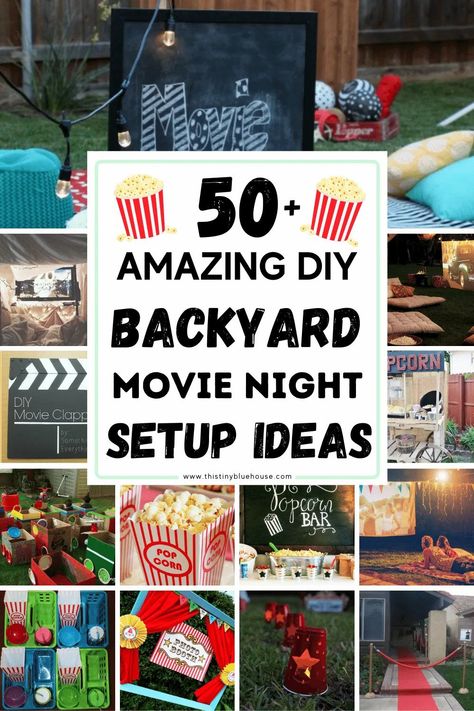 Host an incredibly outdoor movie night with these 50+ genius ideas. From screens and projectors to decor and even food we've collected the BEST outdoor movie night ideas for you! Outdoor Movie Night Decoration Ideas, Outdoor Movie Night Snack Ideas, Movie Theater Outdoor Party, Movie Night Outside Birthday Party, Lawn Movie Night Party Ideas, Outdoor Movie Party Food, Movie Night In The Backyard, Backyard Movie Nights Setup, Movie Night Outdoor Ideas