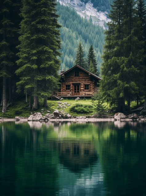 A serene lakeside cabin with deep navy waters reflecting the twilight sky, surrounded by an emerald forest. Cabins In The Woods Near Water, Margo Aesthetic, House In Forest Cottages, Forest Cabin Aesthetic, Forest Cabin Interior, Cabin In Forest, House Near River, House By The River, Home In The Forest