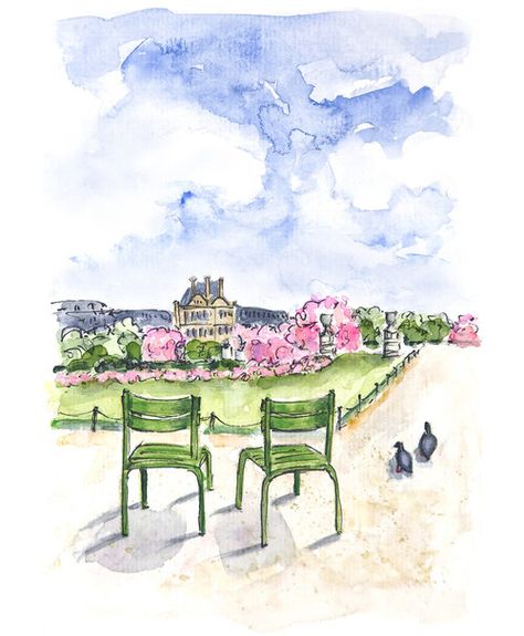 One Fine Spring Day, Paris Watercolor Painting, Paris Gardens, Eloise At The Plaza, Paris Watercolor, Paris Drawing, Paris Garden, Watercolor Postcard, Jardin Des Tuileries