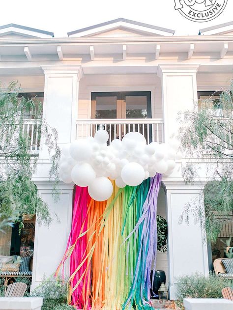 Gray Malin's baby showerphoto credit: Ashley Burns Rainbow Theme Baby Shower, Rainbow Baby Shower Theme, Streamer Party Decorations, Birthday Streamers, Animal Baby Shower Theme, Welcome Home Baby, Party Streamers, Paper Streamers, Rainbow Birthday Party