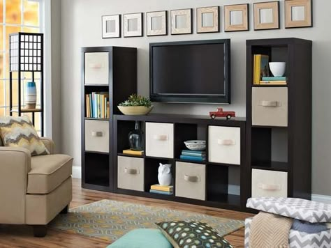 Embedded image Tall Corner Tv Stand, Cube Storage Ideas, Cube Storage Decor, Living Room Entertainment Center, Shelf White, Living Room Entertainment, Cube Shelves, Entertainment Center Decor, Cube Organizer