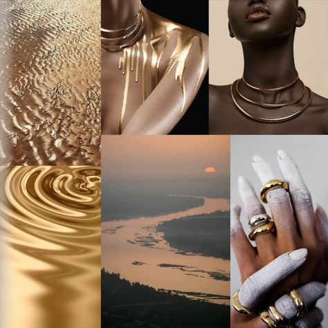 Discover our mood board for the Nile Collection. The mania for ancient Egypt was “one of the most engaging and enduring influences on 20th-century jewellery design”, according to Vivienne Becker, a historian of jewellery. The Nile, the longest river in the world also called the father of African rivers, served as inspiration to Vania Leles, Creative Director and Founder. Each piece from this new collection has been passionately crafted from the inspiring story of the river’s past and present. Mood Board Jewelry Inspiration, Ancient Egypt Mood Board, Mood Board For Jewellery, Egypt Mood Board, Egyptian Mood Board, African Mood Board, Liberation Aesthetic, Ancient Egypt Aesthetic, Egypt Civilization