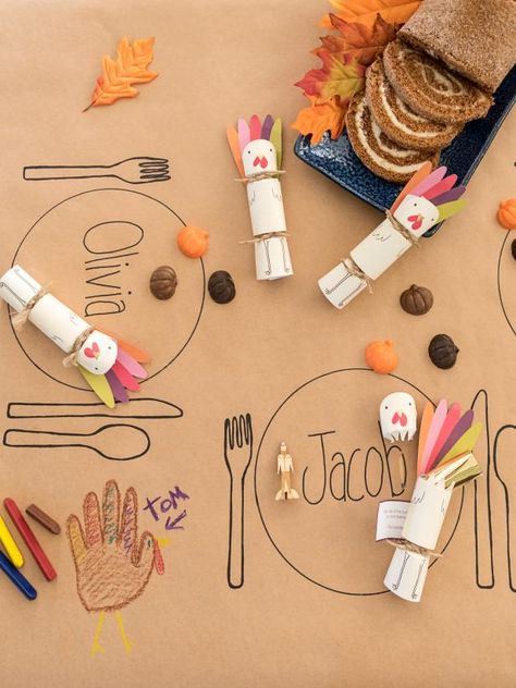 50 Fun-To-Make Thanksgiving Kids' Crafts | HGTV Turkey Place Cards, Friendsgiving Ideas, Easy Diy Thanksgiving, Fun Thanksgiving Crafts, Thanksgiving Kids Table, Place Settings Thanksgiving, Winter Shower, Paper Tablecloth, Thanksgiving 2024