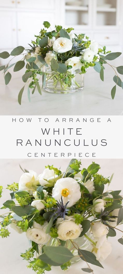 Learn the keys to creating floral arrangements with fluffy White Ranunculus flowers. Designing a Ranunculus Centerpiece is simple with these tips. Rehearsal Dinner Round Table Decor, Fake Plant Arrangements, Kitchen Floral Arrangements, Masculine Flower Arrangements, Spring Floral Arrangements Centerpieces, Easy Flower Arrangements Diy, Men Flowers, Ranunculus Centerpiece, Ranunculus Arrangement