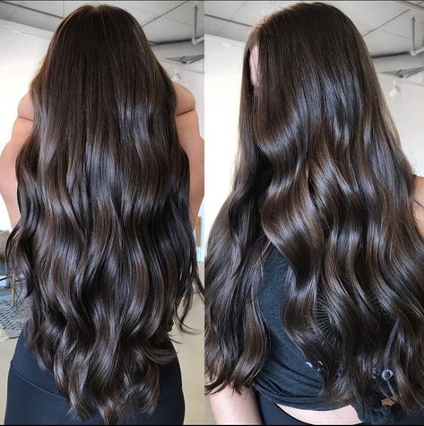 Waist Length Brown Hair, Wavy Hair Aesthetic Faceless, Dark Warm Brown Hair, Long Dark Brown Hair, Brown Hair Inspiration, Highest Version, Black Hair Balayage, Dark Brunette Hair, Brown Hair Inspo