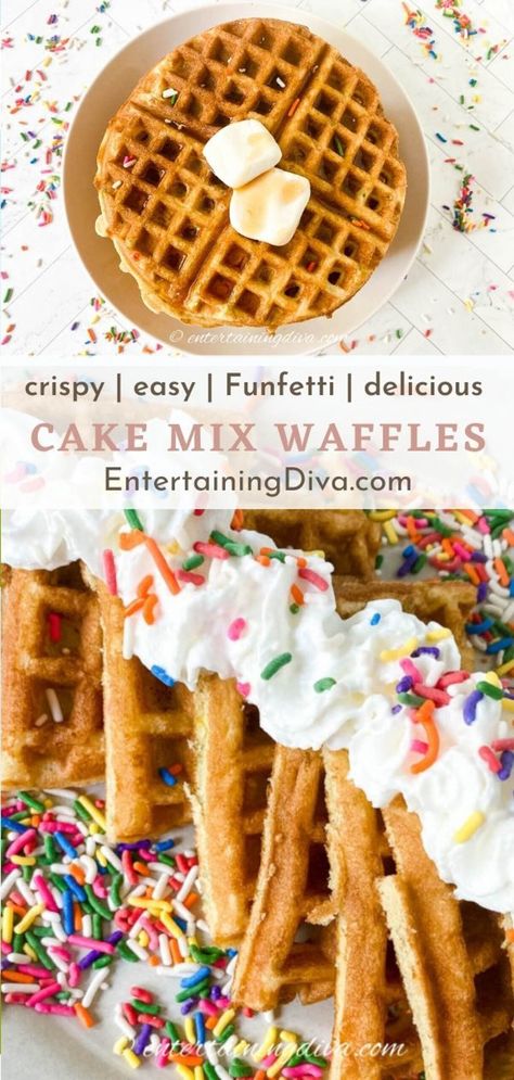 These cake mix waffles are so fun and easy to make! Made from boxed cake mix, these crispy waffles are delicious and taste just like your favorite cake. Perfect for any celebration or brunch! | Easy Recipes Waffles From Cake Mix Boxes, Cake Mix Waffles, Diy Waffles, Crispy Waffles, Funfetti Cake Mix, How To Make Waffles, Crispy Waffle, Waffle Bar, Quick Dessert Recipes