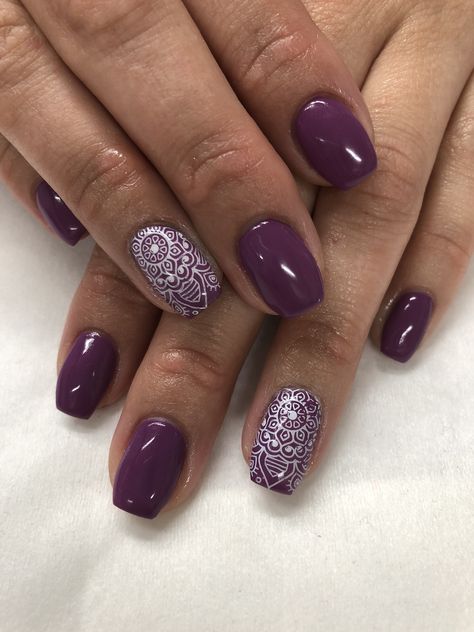 Plum Purple Mandala Mini Coffin Gel Nails Short Gel Nails Purple Art Designs, Nails Plum Color, Plum Wedding Nails, Dark Purple Nail Art Designs, Eggplant Purple Nails, Plum Color Nails, Purple Gel Nails Short, Purple Nails Designs Short, Deep Purple Nails Design