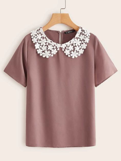 SHEIN Guipure Lace Peter-pan-collar Top | SHEIN USA Girls Sewing Patterns Free, Peter Pan Collar Top, Peter Pan Collar Shirt, Colorblock Top, Peter Pan Collar Dress, Trendy Fashion Tops, Blouse Neck Designs, Classy Work Outfits, Color Block Top