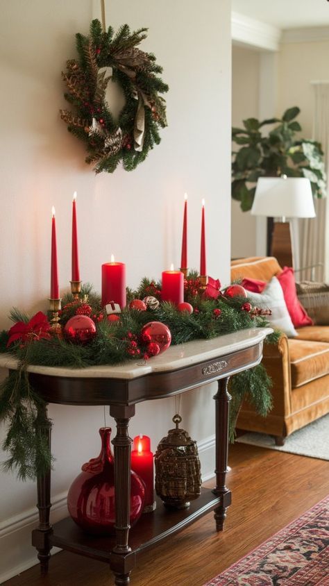 Modern Red And Green Christmas Decor, Christmas Decor Ideas Red And Green, Entry Table Christmas Decor, Entry Table Christmas Decor Ideas, Red Green Christmas Decor, Red And Green Christmas Decor, Red And Green Decor, Table Christmas Decor Ideas, Green Christmas Decor