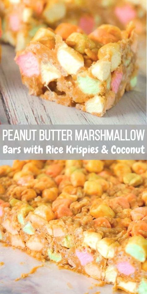 Peanut Butter Marshmallow Bars are an easy dessert recipe perfect for your holiday treat tray. These peanut butter and butterscotch confetti squares are loaded with colourful mini marshmallows, Rice Krispies and shredded coconut. Peanut Butter Marshmallow Bars, Party Munchies, Confetti Squares, Peanut Butter Marshmallow Squares, Peanut Butter Squares, Fudge Dessert, Marshmallow Bars, Chocolate Peanut Butter Desserts, Peanut Butter Marshmallow