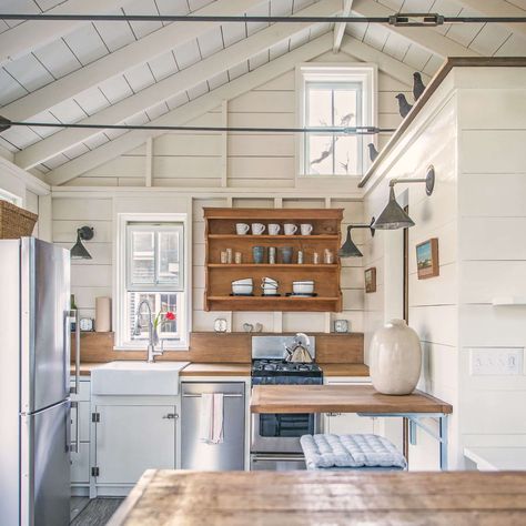 A writer’s cottage was saved from demolition and repurposed as a guest cottage. Insulation was applied to exterior; existing collar ties became headers, re Elegant Cottage, Maine Cottage, Small Cottages, Cottage Renovation, Cottage Exterior, Tiny Cottage, Cottage Interior, Cabin Kitchens, Guest Cottage