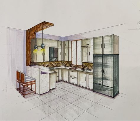 I will help you with photorealistic 3D interior renderings of your project, which will be functional and aesthetically pleasing environments for users. Interior Design Sketches Perspective Kitchen, Kitchen Interior Perspective, Kitchen Sketch Drawing Interior Design, Kitchen Section Drawing, Kitchen Perspective Drawing, Interior Perspective Rendering, Kitchen Interior Sketch, Kitchen Concept Art, Kitchen Perspective