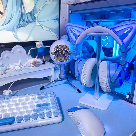 Pc Setup Blue, Blue Pc Setup, Design Gaming Room, Gamer Setup, Blue Desk, Otaku Room, Blue Game, Gamer Room Decor, Video Game Room Design