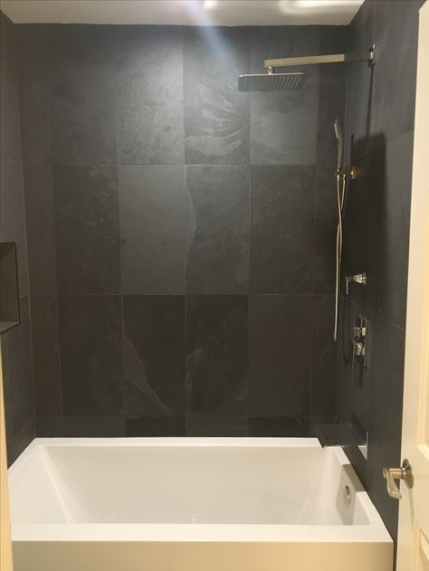 Black Slate Shower Wall, 12x24 Black Shower Wall Tile, Slate Tile Bathroom Wall, Black Tile Bathtub Surround, Black Tile Shower Tub Combo, Dark Tile Tub Surround, Dark Stone Shower Tile, Black Slate Shower Tile, White Tub Black Tile