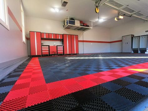 Charles' garage is awesome! He installed the RaceDeck FreeFlow tiles. #GarageFlooring #HomeImprovement #BestGaragesOf2021 Racedeck Garage Flooring, Garage Floor Tiles Design, Garage Floor Tile, Ribbed Tile, Garage Flooring Options, Plastic Floor Mat, Garage Transformation, Floor Tiles Design, Tile Carpet