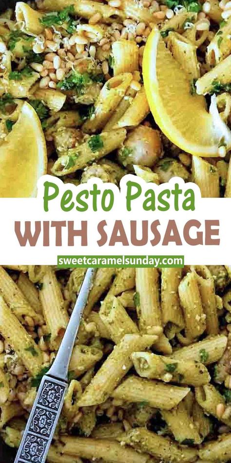 Pesto Pasta with sausage with comforting and delicious. Save time and use store bought pesto, chunky pork sausages and simple penne pasta! Sausage Broccoli Pesto Pasta, Pesto Pasta With Italian Sausage, Pork Pesto Recipes, Sausage Pesto Pasta Recipes, Pesto Pasta With Chicken Sausage, Sausage And Pesto Pasta, Pesto Pasta With Sausage, Pesto And Sausage Lasagna, Italian Sausage Pesto Pasta