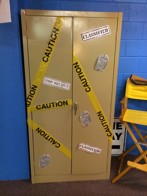 Spruce up an old file cabinet for Agency D3 VBS On The Case Vbs Decorations, On The Case Vbs, Mystery Decorations, Detective Vbs, Sunday School Themes, Spirit Week Themes, Mystery Unit, Spy Theme, Metal Closet