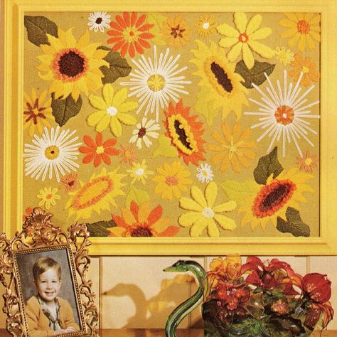 Introducing our 70s golden meadow of flowers crewel embroidery pattern! Transport yourself back to the flower power era with this delightful and nostalgic design. This embroidery pattern showcases intricate needlework, capturing the essence of retro floral motifs that were all the rage in the 1970s. Embellish home decor with this stunning pattern to add a touch of vintage charm to your aesthetic.  Stitches used: Slip stitch French knot Lazy daisy stitch Needle weaving stitch Straight stitch *The 70s Embroidery Patterns, 70s Embroidery, 1970 Art, Vintage Macrame Patterns, Golden Meadow, Needle Weaving, Vintage Crewel, Crewel Embroidery Patterns, Daisy Stitch