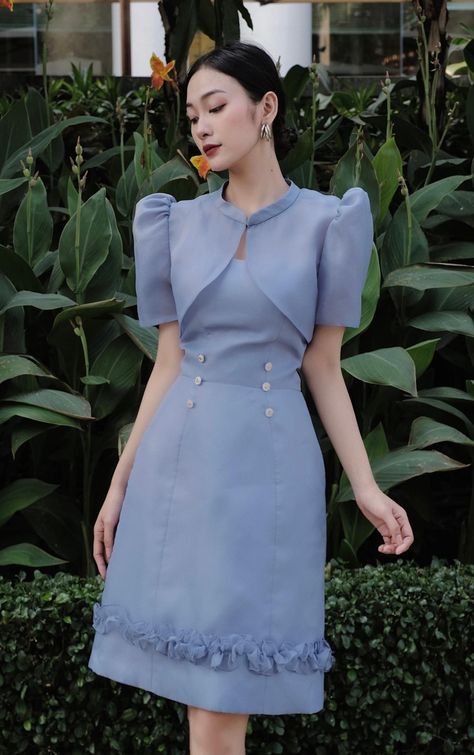 Modest Filipiniana, Modern Filipiniana Dress Knee Length, Blue Filipiniana, Filipiniana Outfit, Long Sleeve Mermaid Dress, Modern Filipiniana Dress, Filipiniana Dress, Fashion Show Dresses, Simple Frocks