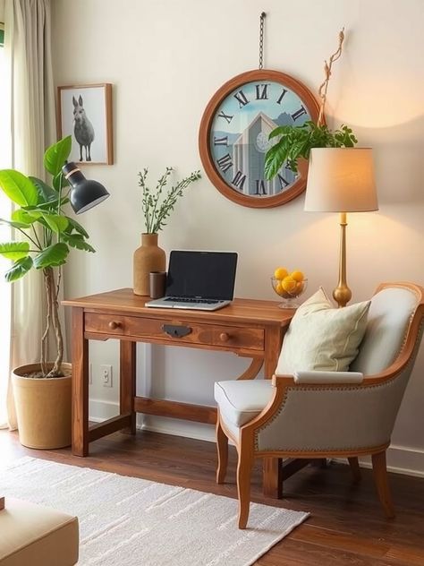 10 Desk Ideas for Your Living Room: Stylish & Functional Living Room Desk Space, Home Desk In Living Room, Desk Area In Living Room Apartment, Vintage Desk In Living Room, Small Desk In Living Room, Living Room With Desk Area, Desk In Dining Room Ideas, Living Room With Desk, Desk In Living Room Ideas