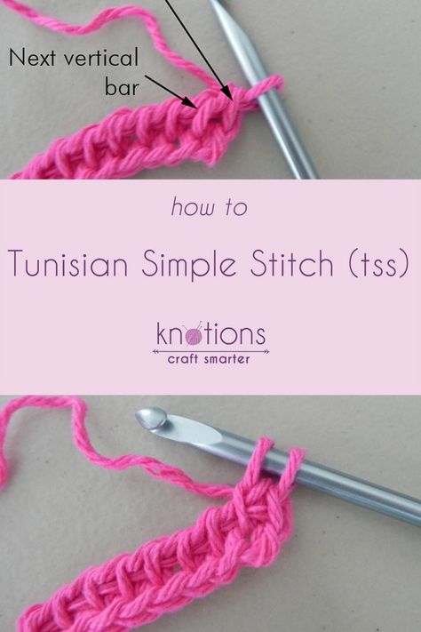 Tutorial: Tunisian Simple Stitch (tss) - knotions Tunisian Simple Stitch Tutorials, Learn How To Tunisian Crochet, Side Saddle Stitch, Diy Tunisian Crochet Hook, How To Keep Tunisian Crochet From Curling, Tunisian Simple Stitch, Tunisian Hooks, Side Saddle, Saddle Stitch