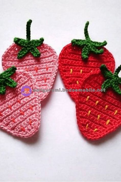 Best 10 Crochet Coaster Free Patterns 27 Strawberry Crochet, Crochet Coasters Free Pattern, Crochet Strawberry, Crochet Fruit, Crochet Coaster Pattern, Crochet Coaster, Crochet Rabbit, Crochet Square Patterns, Applique Pattern