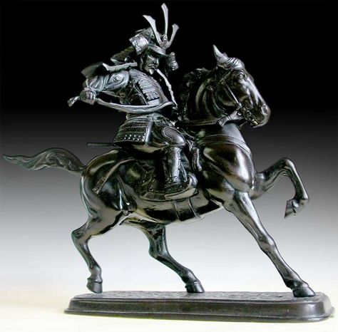 Antique Japanese Bronze Okimono Samurai Horse Rider Circa: early 20th century H 13" (33cm.), W 14" (35.5cm.), D 5.5" (14cm.) Samurai On Horse, Samurai Horse, Wood Buddha, Samurai Tattoo Design, Chinese Warrior, Japanese Warrior, Samurai Tattoo, Samurai Art, Bronze Statue