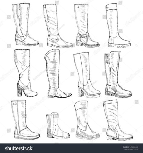 vector, isolated, set of women's shoes, boots, set of sketches #Ad , #Sponsored, #set#isolated#vector#women Drawing Shoes Side View, How To Draw Boots Side View, Boots Design Drawing, How To Draw Boots Front View, How To Draw Boots, Boots Drawing Reference, Boots Sketch, Drawing Boots, Boots Reference