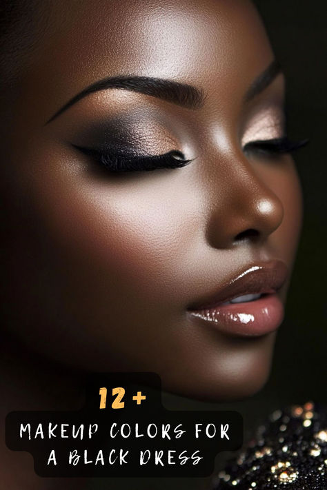 Pair your black dress with these 12 perfect makeup colors! From radiant highlighters to bold lip shades, these looks are designed to complement your skin tone. Click now for inspiration! 💋✨🖤 #MakeupForBlackGirls #BlackDressLooks #FlawlessBeauty #ChicAndBold #MakeupGoals #GlamMakeup #ElegantStyle Dark Skin Makeup Looks Eyeshadows, Smoked Eye Makeup, Lip Colors For Dark Skin, Glamour Makeup Looks, Black Smokey Eye Makeup, Dark Skin Models, 15 Makeup, Lip Shades, Date Night Makeup