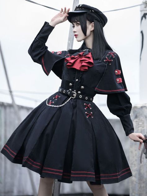 Military Style Shirts, Lolita Outfit, Costume Noir, Gothic Tops, Op Dress, Lolita Outfits, Black Costume, Ribbon Shirt, Gothic Rock