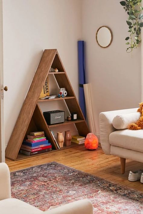 Triangle Bookshelf, Urban Outfitters Furniture, Pvc Furniture Plans, Cool Bookshelves, Farmhouse Side Table, Boho Furniture, Lounge Design, Apartment Furniture, Cheap Furniture