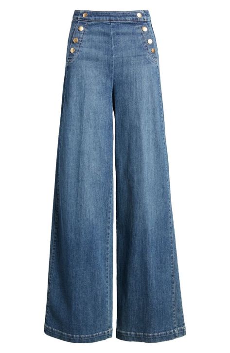 FRAME Sailor Snap High Waist Wide Leg Jeans | Nordstrom 70s High Waisted Jeans, How To Style High Waisted Wide Leg Jeans, Bottoms Aesthetic, Colourful Jeans, Trouser Jeans Outfit, Aesthetic Clothes Png, Pants Png, Sailor Jeans, Clothing Png