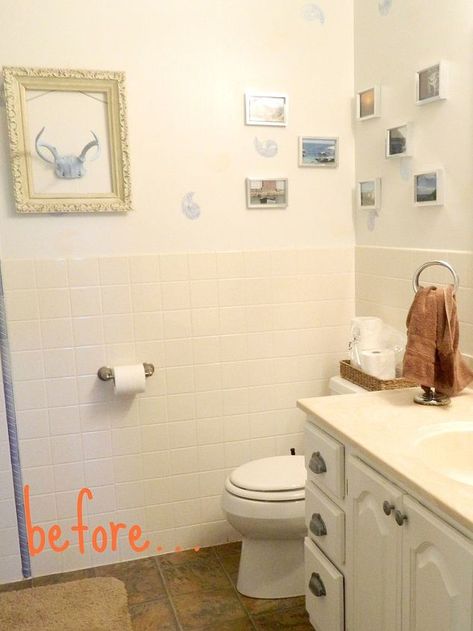 my bathroom tile was in good shape. It was just tired, old-fashioned, and...beige. Painting Bathroom Tile, Beige Tile Bathroom, Brick Tile Floor, Tile Bathroom Ideas, Painting Bathroom Tiles, Tile Accent Wall, Black Wood Stain, Beveled Subway Tile, Flip Ideas