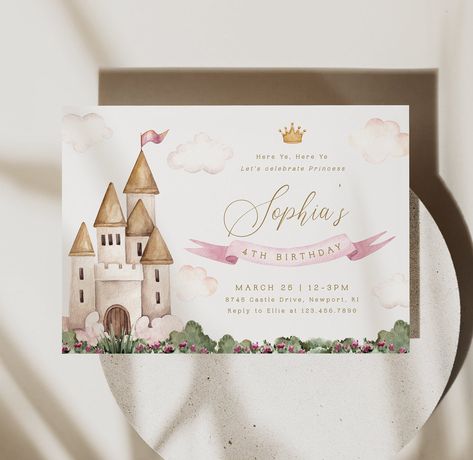 Princess Invitation Template, Castle Birthday Invitation, Castle Invitation, Fairy Tale Party, Castle Birthday Party, Watercolor Castle, Castle Birthday, Princess Invitation, Fairytale Party