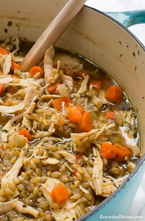 Hearty chicken and barley soup recipe..This soup was delicious...I increased the amount of carrots and celery, and used pasta instead of barley, which I didn't have on hand...made a double batch. Chicken And Barley Soup, Chicken Barley, Chicken Barley Soup, Barley Soup Recipe, How To Cook Barley, Barley Recipe, Hearty Soup Recipes, Hearty Chicken, Barley Soup